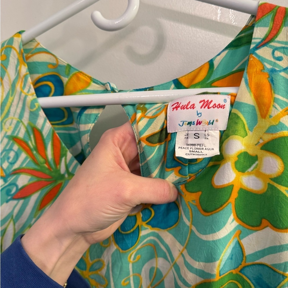 Vintage Hula Moon by Jams World Peace Flower Aqua Floral Hawaiian Dress Small - Picture 5 of 5